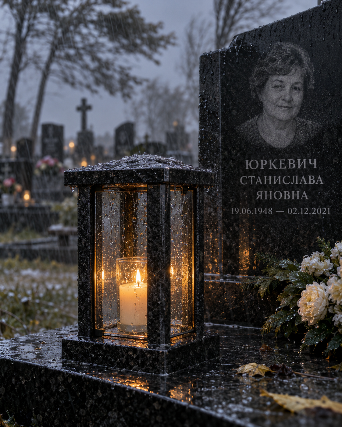 Лампада с горящей свечой у памятника в ветреный дождливый вечер